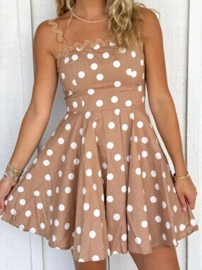 Mable Mocha Brown Polka Dot Sleeveless Ricrac Ribbon Trim Dress L